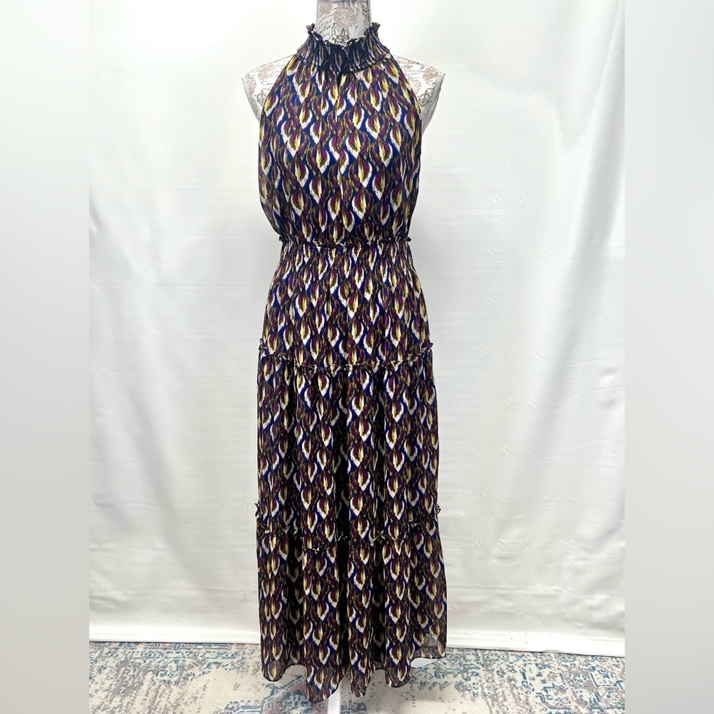 TAYLOR Navy/violet multi halter neck chiffon tiered dress size 8. - Picture 3 of 14